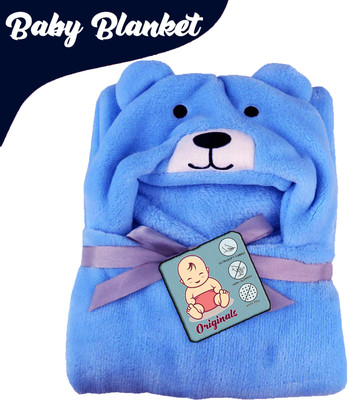 Pandaoriginals Solid Single Hooded Baby Blanket for  AC Room(Cotton, Blue)