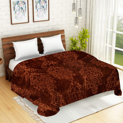 SPANGLE Self Design Double Mink Blanket for  Mild Winter(Microfiber, Brown)