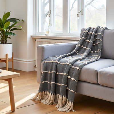 SAJAVAT HOME Striped Double Throw for  AC Room(Cotton, Black & Beige)