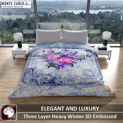 MONTE CARLO Floral Double Mink Blanket for  Heavy Winter(Fur, Casino Royal Comfy Blue 3-Layers Heavy Winter Luxurious with Blanket Box 6)
