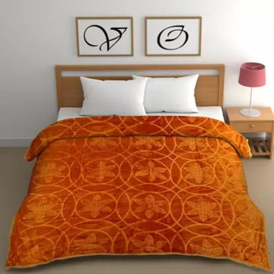 YUKU Floral Double Mink Blanket for  Mild Winter(Microfiber, Mustard)