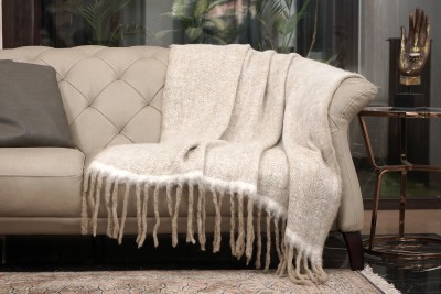 SHREEJA THROWS Self Design Single Throw for  AC Room(Woollen Blend, BEIGE & WHITE)