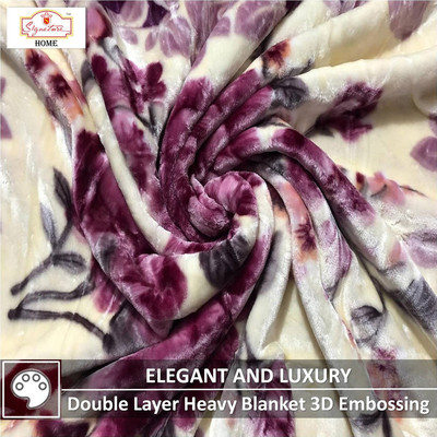 Signature Floral Single Mink Blanket for  Heavy Winter(Fur, Single Bed Velvet Violet 2-Layer 3D Embossed Thick Blanket2)