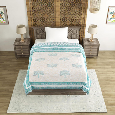Blocks Of India Motifs Single Quilt for  Mild Winter(Cotton, Light Green)