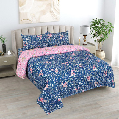 OSONICTEXTILE Floral Double Mink Blanket for  AC Room(Microfiber, BLUE & PINK)