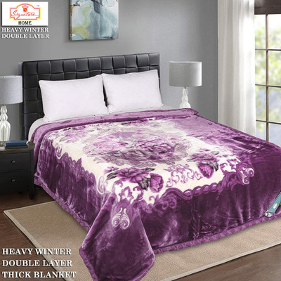 Signature Floral Double Mink Blanket for  Heavy Winter(Fur, Luxurious Purple 2-Layers Extreme Winter Thick Blanket with 3D Embossing 63)