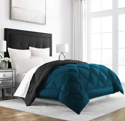 Linenovation Solid Double Comforter for  Heavy Winter(Polyester, Black : Aqua Blue)