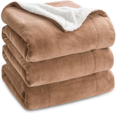 VAS COLLECTIONS Solid Double Sherpa Blanket for  Mild Winter(Polyester, Light Brwen)