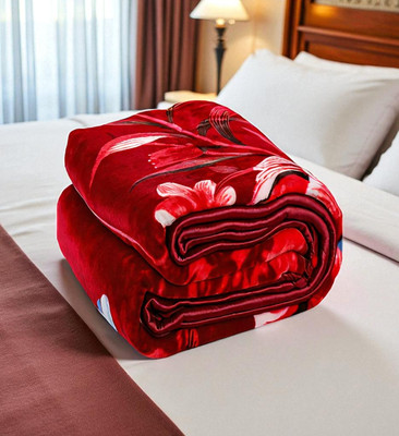 GKM Floral Single Mink Blanket for  Heavy Winter(Polyester, Red, White)