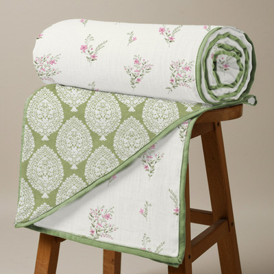 Urban Space Printed Double Dohar for  AC Room(Cotton, White, Sage Green)