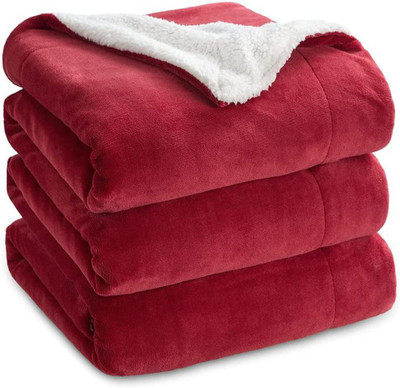 VAS COLLECTIONS Solid Double Sherpa Blanket for  Mild Winter(Polyester, Red)