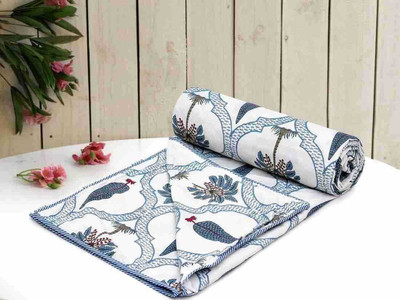 DPN Printed Double AC Blanket for  AC Room(Cotton, Blue White Coconet Tree)