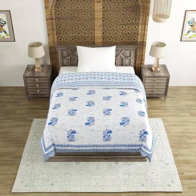 Blocks Of India Printed Single Quilt for  Mild Winter(Cotton, Blue)