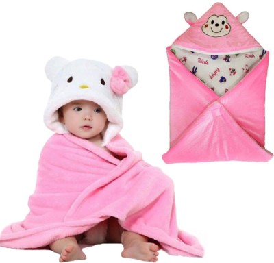 NAMAN Embroidered Crib Hooded Baby Blanket for  Heavy Winter(Microfiber, Pink)