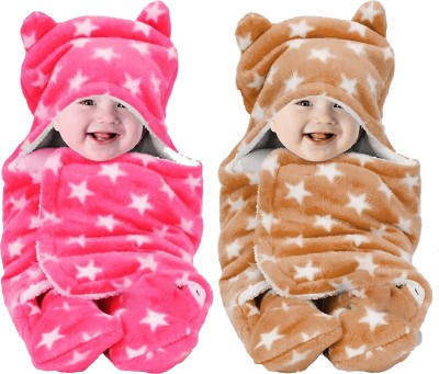 Oyo Baby Printed Single Hooded Baby Blanket for  Mild Winter(Woollen Blend, Printed Beige + Printed Pink)