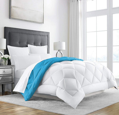 Linenovation Solid Double Comforter for  Heavy Winter(Polyester, White:Turquise)