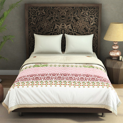 SPACES Floral Double Fleece Blanket for  AC Room(Polyester, Cream)