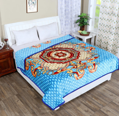 IWS Printed Double Mink Blanket for  AC Room(Woollen Blend, Light Blue)