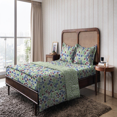 The Happy Pod Striped Double Comforter for  Mild Winter(Cotton, Green Floral)