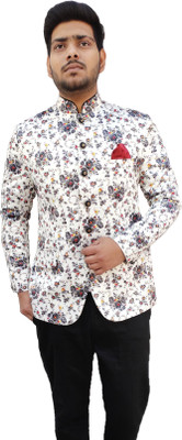 ALJAAMI Printed Bandhgala Festive & Wedding Men Blazer(White)