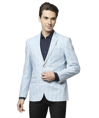 PARK AVENUE Checkered Single Breasted Formal Men Blazer(Light Blue)