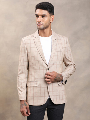 TURTLE Checkered Single Breasted Casual Men Blazer(Beige)