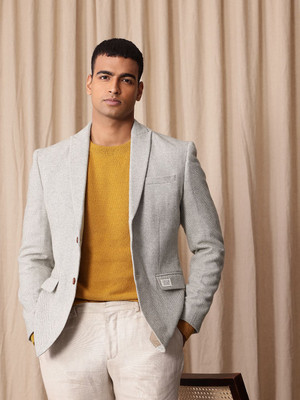 Mr Bowerbird Self Design Single Breasted Formal Men Blazer(Grey)