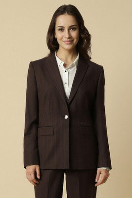 Allen Solly Striped Single Breasted Formal Women Blazer(Brown)