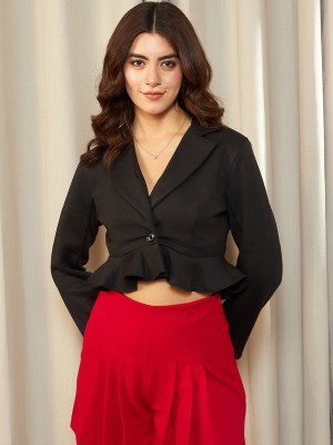 KASSUALLY Solid Single Breasted Casual Women Blazer(Black)