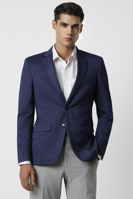 VAN HEUSEN Self Design Single Breasted Formal Men Blazer(Dark Blue)