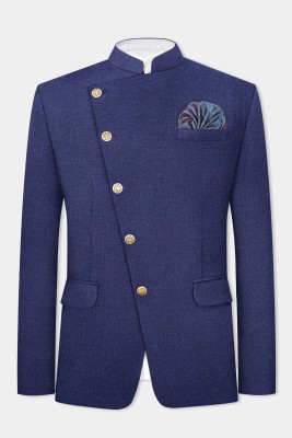 french crown Solid Bandhgala Festive & Wedding, Party Men Blazer(Blue)