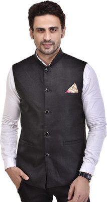 Eliq Solid Mandarin Festive & Wedding Men Blazer(Black)