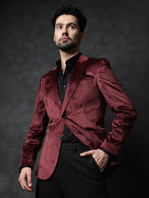 Rare Rabbit Self Design Single Breasted Casual Men Blazer(Maroon)