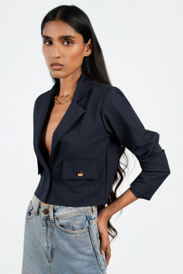 COLOR CAPITAL Solid Single Breasted Casual Women Blazer(Dark Blue)