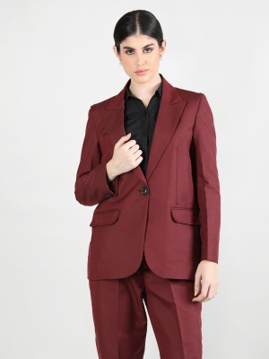 CHKOKKO Solid Single Breasted Casual Women Blazer(Maroon)