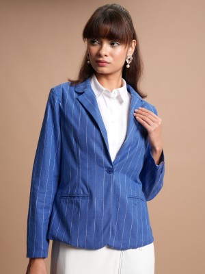 Tokyo Talkies Striped Single Breasted Casual Women Blazer(Blue)