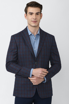 PETER ENGLAND Checkered Single Breasted Formal Men Blazer(Dark Blue)