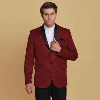 TAHVO Solid Tuxedo Style Festive & Wedding Men Blazer(Maroon)