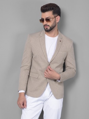 CRIMSOUNE CLUB Striped Single Breasted Casual Men Blazer(Beige)