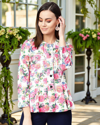 ZIMA LETO Printed Bandhgala Casual Women Blazer(White)
