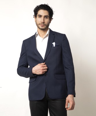 mbo Solid Single Breasted Festive & Wedding Men Blazer(Dark Blue)