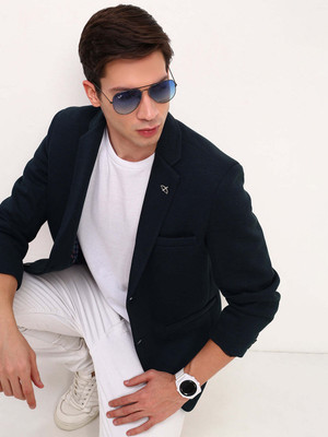 SHOWOFFFF Solid Single Breasted Casual Men Blazer(Dark Blue)