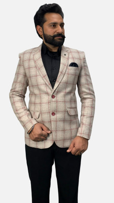 gargian master cut Checkered Single Breasted Wedding Men Blazer(Beige)
