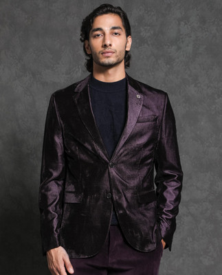 Rare Rabbit Solid Single Breasted Party Men Blazer(Purple)
