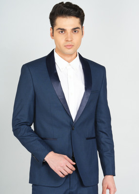 PETER ENGLAND Checkered Tuxedo Style Formal Men Blazer(Blue)
