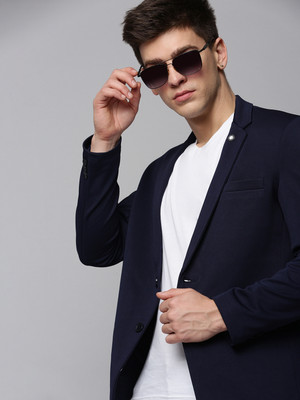 SHOWOFFFF Solid Single Breasted Casual Men Blazer(Dark Blue)
