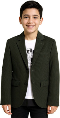 Charchit Solid Single Breasted Party Boys Blazer(Dark Green)