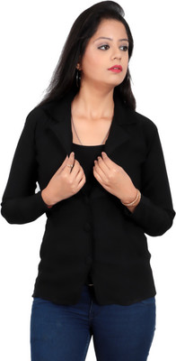 V F GARMENTS Solid Single Breasted Formal Women Blazer(Black)
