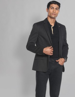 AD by Arvind Self Design Single Breasted Formal Men Blazer(Black)