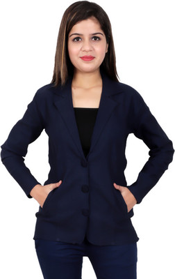 V F GARMENTS Solid Single Breasted Formal Women Blazer(Dark Blue)